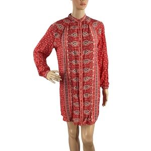 Spell Gypsiana Red Bandana Print Shirt Dress XS Long Sleeve Rayon Boho